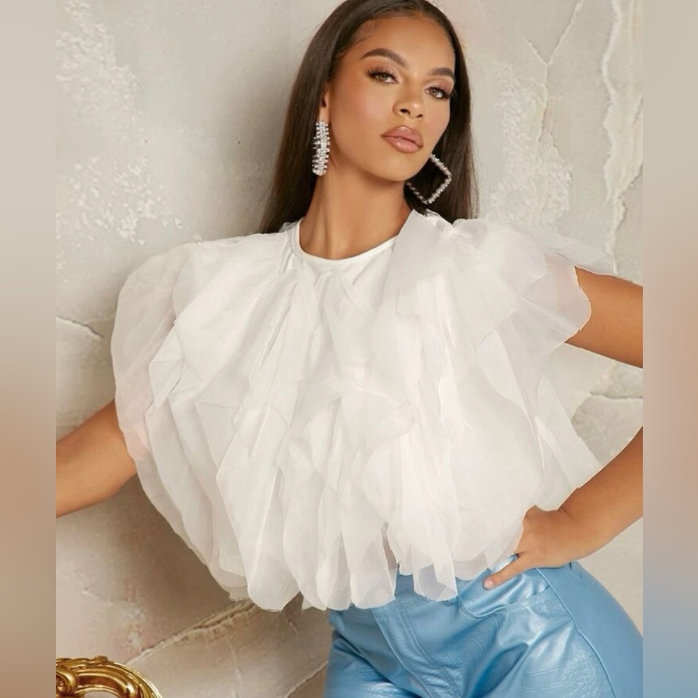 PLUS SIZE RUFFLE TULLE CROP TOP BLOUSE  WHITE - Picture 4 of 8